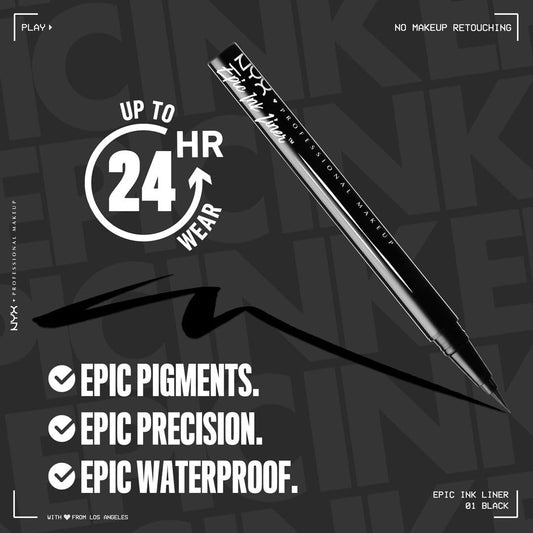NYX Professional Makeup Eye Liner, Epic Ink Liner, Waterproof Liquid Eyeliner Pen, 1 Stroke Intense Pigment, Flexible Bursh for Thin or Thick Lines, Shade Black